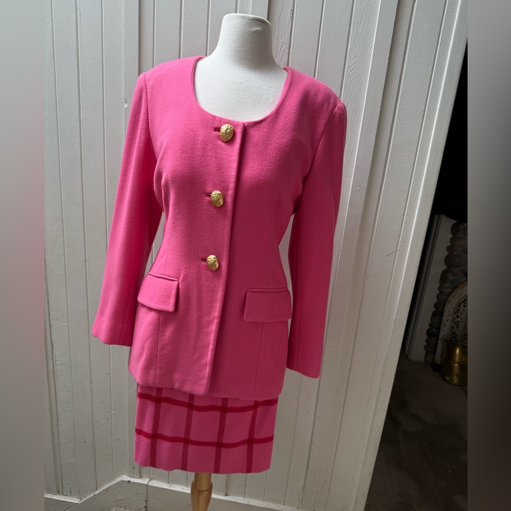 Vintage Ann Klein Pink Blazer and Skirt Set with Gold Buttons